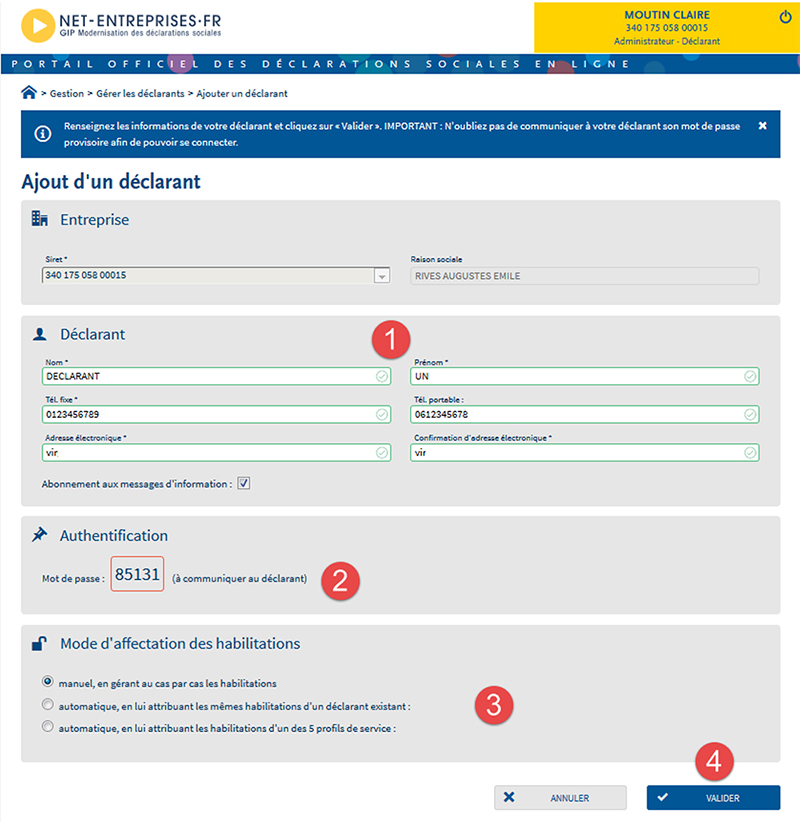 Net-entreprises.fr - Portail des déclarations sociales en ligne : renseignez les informations du déclarant