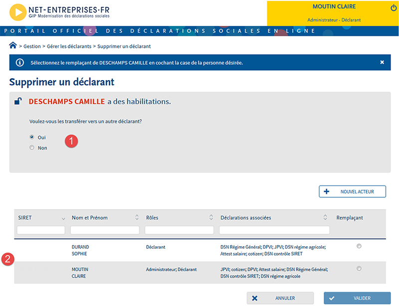 Net-entreprises.fr - Portail des déclarations sociales en ligne : transfert d'habilitation vers autre déclarant