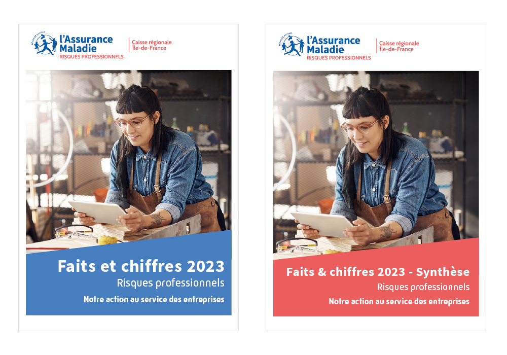 Illustration des couvertures des rapports "Faits et chiffres 2023 - Risques professionnels - Notre action au service des entreprises - Bilan & Synthèse