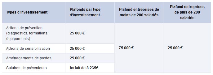 Plafonds de subvention selon les types d’investissements et la taille des entreprises.
Le tableau présente les plafonds de subvention pour différents types d’investissements, avec des distinctions selon la taille des entreprises (moins ou plus de 200 salariés).

Colonnes :
Types d’investissement :
- Actions de prévention (diagnostics, formations, équipements)
- Actions de sensibilisation
- Aménagements de postes
- Salaires de préventeurs

Plafonds par type d’investissement :
- 25 000 € pour les actions de prévention, de sensibilisation et l’aménagement des postes.
- Forfait de 8 235 € pour les salaires de préventeurs.

Plafond pour entreprises de moins de 200 salariés :
- 75 000 € pour l’ensemble des actions.

Plafond pour entreprises de plus de 200 salariés :
25 000 € pour l’ensemble des actions.