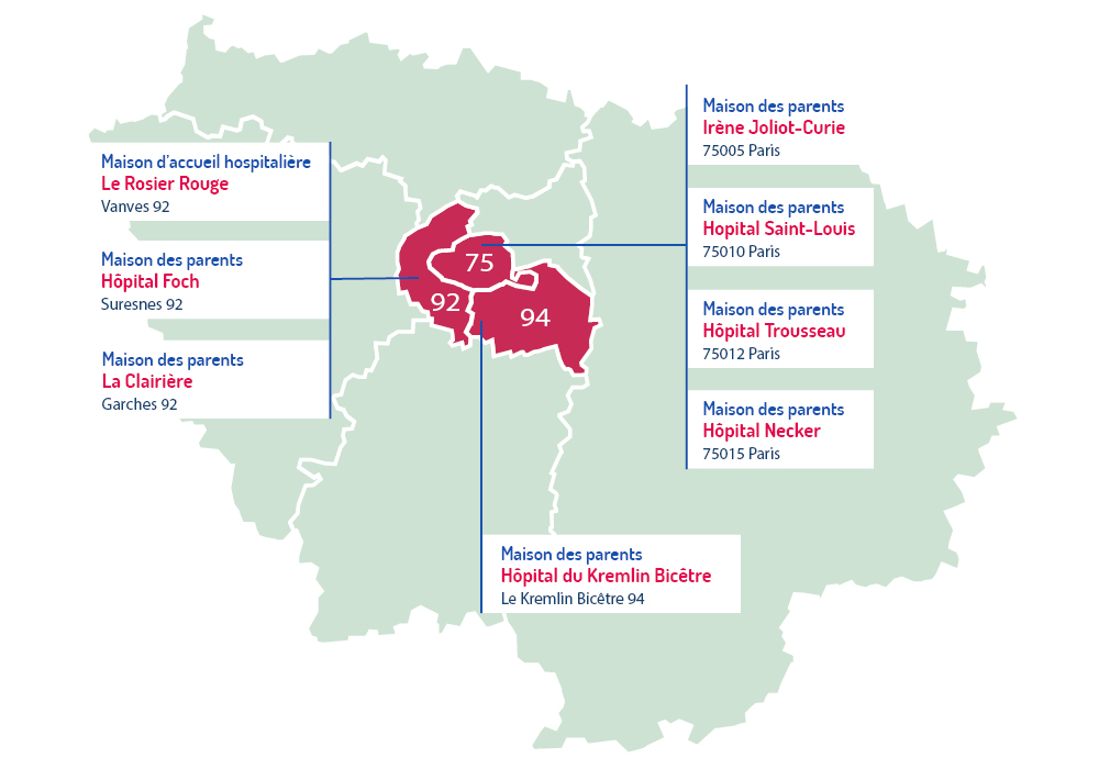 Carte des établissements d'accuei et maisons de parents en Île-de-France
